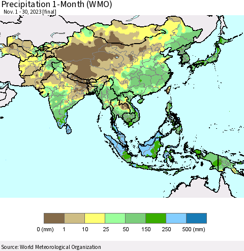 Asia Precipitation 1-Month (WMO) Thematic Map For 11/1/2023 - 11/30/2023