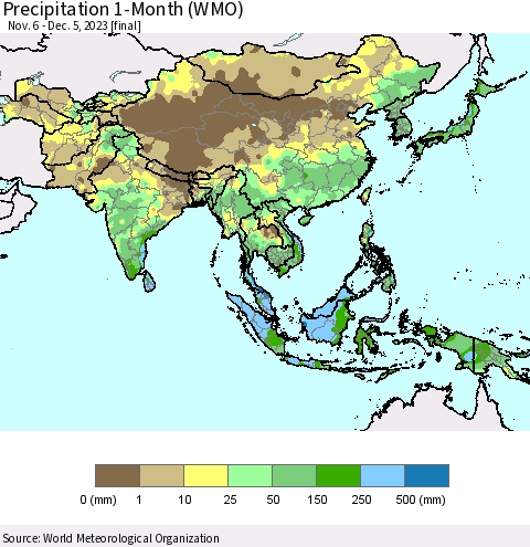Asia Precipitation 1-Month (WMO) Thematic Map For 11/6/2023 - 12/5/2023