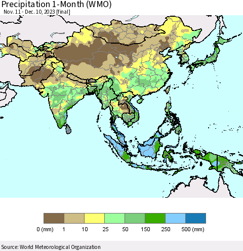 Asia Precipitation 1-Month (WMO) Thematic Map For 11/11/2023 - 12/10/2023