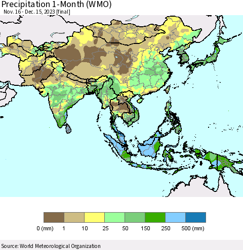 Asia Precipitation 1-Month (WMO) Thematic Map For 11/16/2023 - 12/15/2023