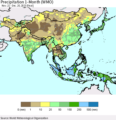 Asia Precipitation 1-Month (WMO) Thematic Map For 11/21/2023 - 12/20/2023