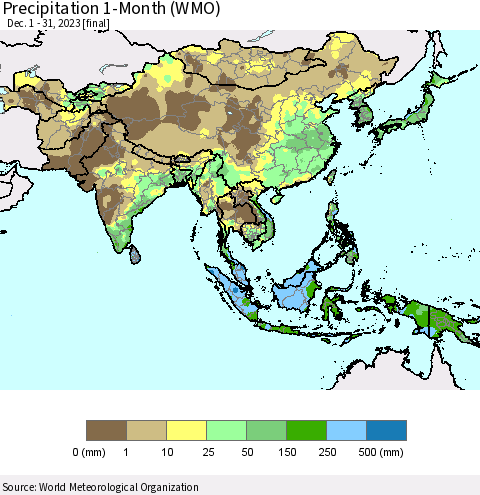 Asia Precipitation 1-Month (WMO) Thematic Map For 12/1/2023 - 12/31/2023