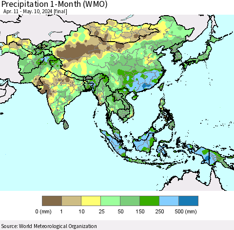Asia Precipitation 1-Month (WMO) Thematic Map For 4/11/2024 - 5/10/2024