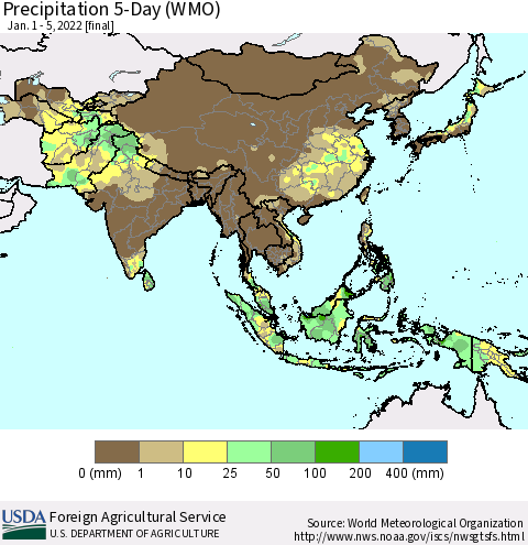 Asia Precipitation 5-Day (WMO) Thematic Map For 1/1/2022 - 1/5/2022