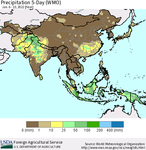 Asia Precipitation 5-Day (WMO) Thematic Map For 1/6/2022 - 1/10/2022
