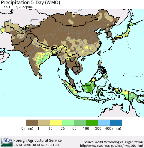 Asia Precipitation 5-Day (WMO) Thematic Map For 1/11/2022 - 1/15/2022