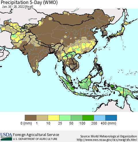 Asia Precipitation 5-Day (WMO) Thematic Map For 1/16/2022 - 1/20/2022