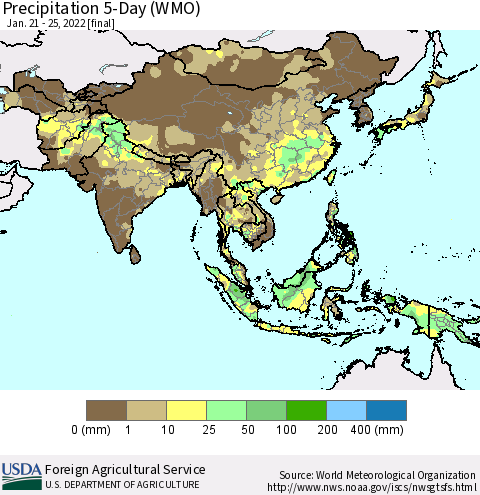 Asia Precipitation 5-Day (WMO) Thematic Map For 1/21/2022 - 1/25/2022