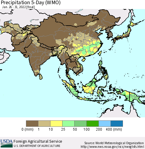 Asia Precipitation 5-Day (WMO) Thematic Map For 1/26/2022 - 1/31/2022