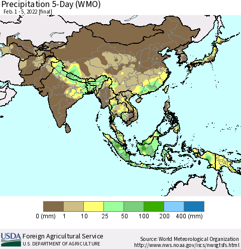 Asia Precipitation 5-Day (WMO) Thematic Map For 2/1/2022 - 2/5/2022