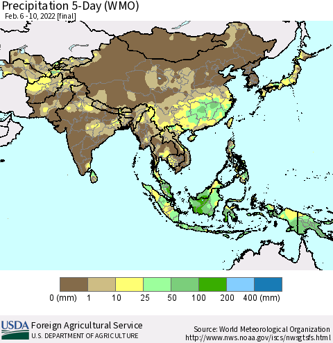 Asia Precipitation 5-Day (WMO) Thematic Map For 2/6/2022 - 2/10/2022