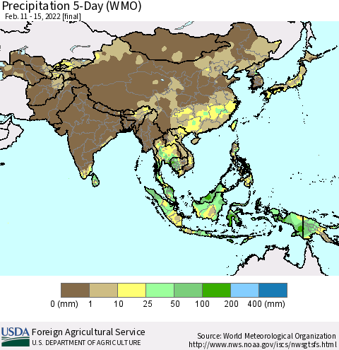 Asia Precipitation 5-Day (WMO) Thematic Map For 2/11/2022 - 2/15/2022