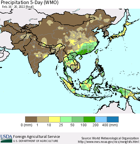 Asia Precipitation 5-Day (WMO) Thematic Map For 2/16/2022 - 2/20/2022