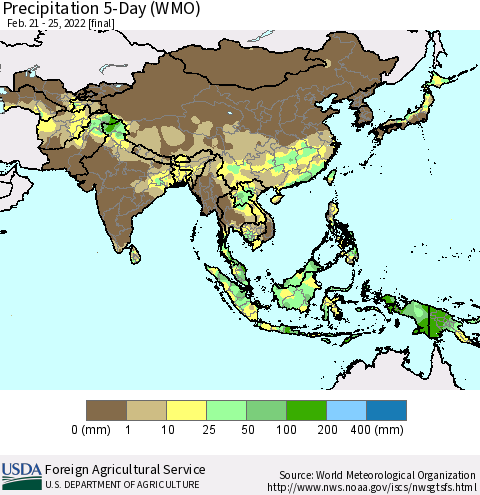 Asia Precipitation 5-Day (WMO) Thematic Map For 2/21/2022 - 2/25/2022