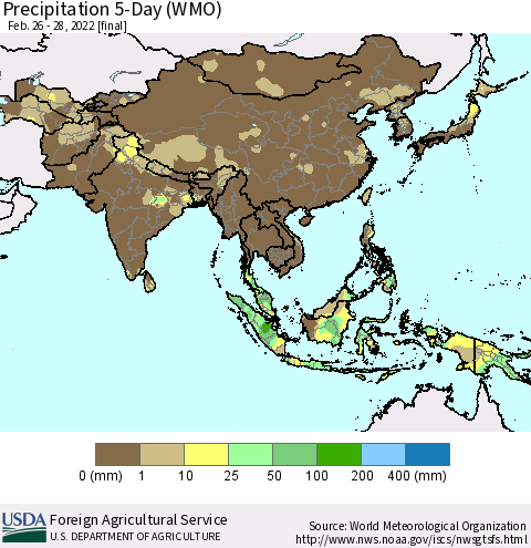Asia Precipitation 5-Day (WMO) Thematic Map For 2/26/2022 - 2/28/2022
