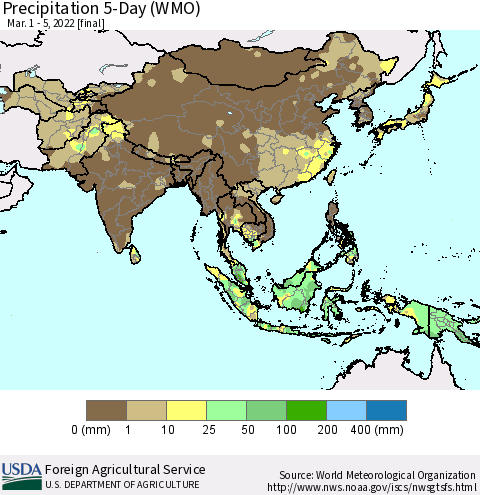 Asia Precipitation 5-Day (WMO) Thematic Map For 3/1/2022 - 3/5/2022