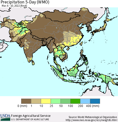 Asia Precipitation 5-Day (WMO) Thematic Map For 3/6/2022 - 3/10/2022