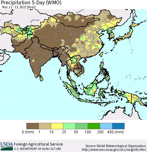 Asia Precipitation 5-Day (WMO) Thematic Map For 3/11/2022 - 3/15/2022