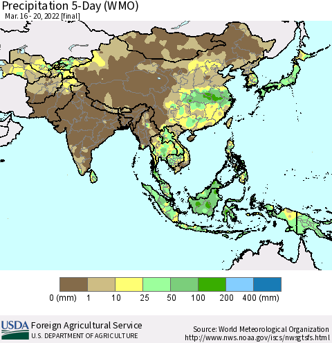 Asia Precipitation 5-Day (WMO) Thematic Map For 3/16/2022 - 3/20/2022