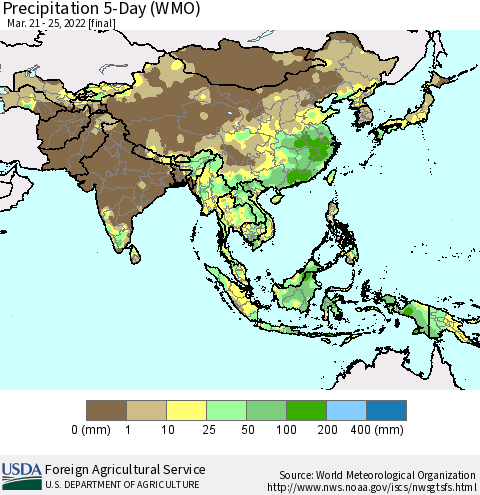 Asia Precipitation 5-Day (WMO) Thematic Map For 3/21/2022 - 3/25/2022