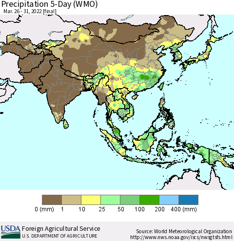 Asia Precipitation 5-Day (WMO) Thematic Map For 3/26/2022 - 3/31/2022
