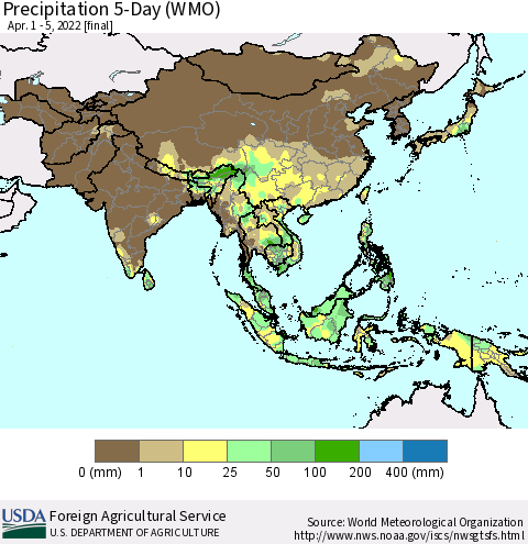 Asia Precipitation 5-Day (WMO) Thematic Map For 4/1/2022 - 4/5/2022