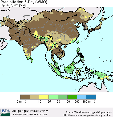Asia Precipitation 5-Day (WMO) Thematic Map For 4/6/2022 - 4/10/2022