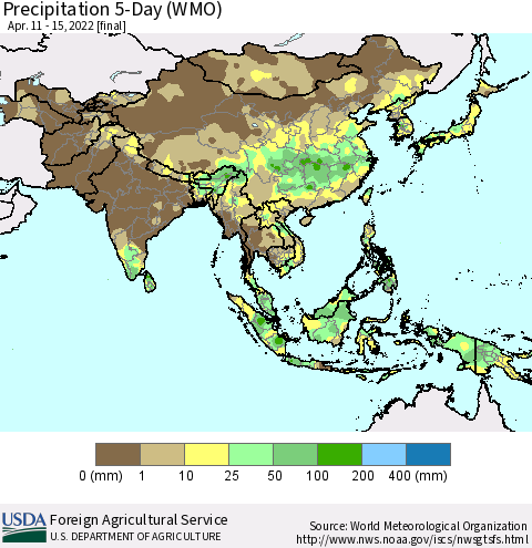 Asia Precipitation 5-Day (WMO) Thematic Map For 4/11/2022 - 4/15/2022