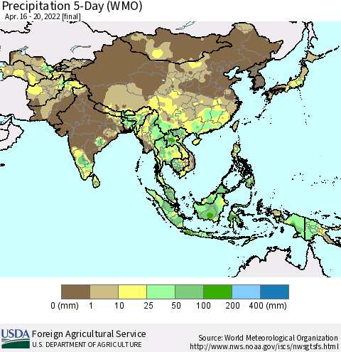 Asia Precipitation 5-Day (WMO) Thematic Map For 4/16/2022 - 4/20/2022