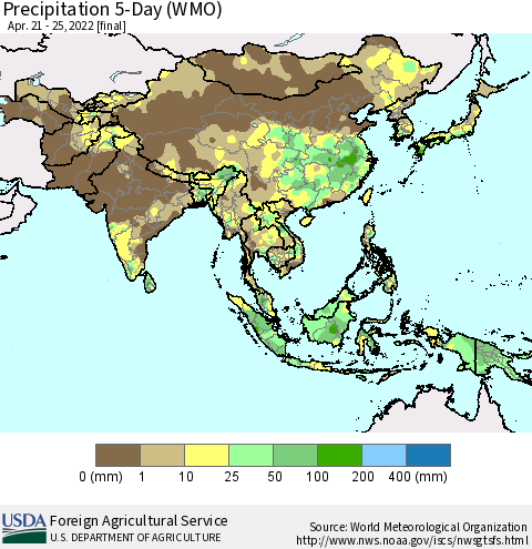 Asia Precipitation 5-Day (WMO) Thematic Map For 4/21/2022 - 4/25/2022