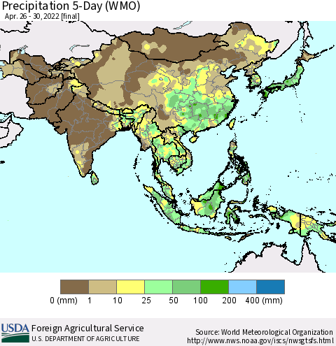 Asia Precipitation 5-Day (WMO) Thematic Map For 4/26/2022 - 4/30/2022