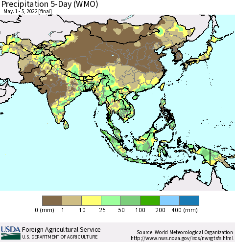 Asia Precipitation 5-Day (WMO) Thematic Map For 5/1/2022 - 5/5/2022
