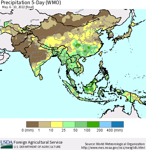 Asia Precipitation 5-Day (WMO) Thematic Map For 5/6/2022 - 5/10/2022