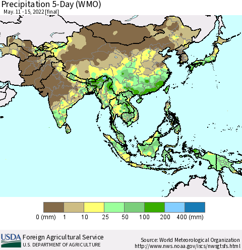 Asia Precipitation 5-Day (WMO) Thematic Map For 5/11/2022 - 5/15/2022