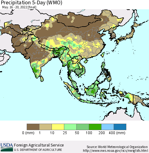 Asia Precipitation 5-Day (WMO) Thematic Map For 5/16/2022 - 5/20/2022