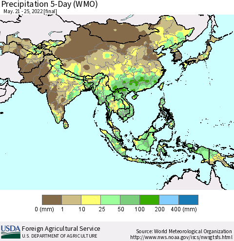 Asia Precipitation 5-Day (WMO) Thematic Map For 5/21/2022 - 5/25/2022