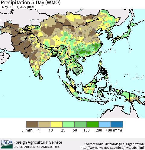 Asia Precipitation 5-Day (WMO) Thematic Map For 5/26/2022 - 5/31/2022