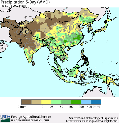 Asia Precipitation 5-Day (WMO) Thematic Map For 6/1/2022 - 6/5/2022