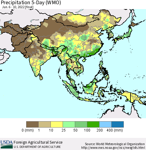 Asia Precipitation 5-Day (WMO) Thematic Map For 6/6/2022 - 6/10/2022
