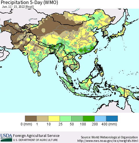 Asia Precipitation 5-Day (WMO) Thematic Map For 6/11/2022 - 6/15/2022