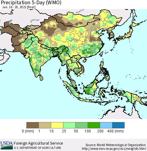 Asia Precipitation 5-Day (WMO) Thematic Map For 6/16/2022 - 6/20/2022