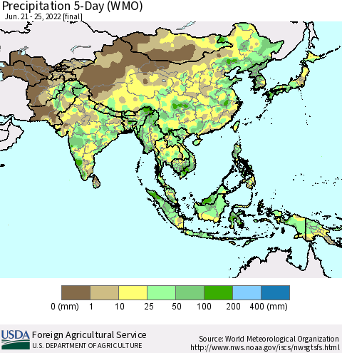 Asia Precipitation 5-Day (WMO) Thematic Map For 6/21/2022 - 6/25/2022