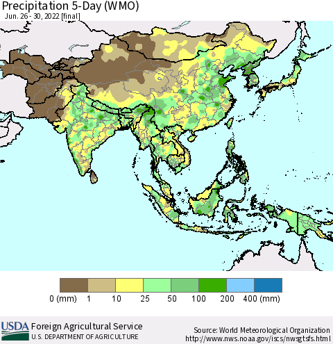 Asia Precipitation 5-Day (WMO) Thematic Map For 6/26/2022 - 6/30/2022