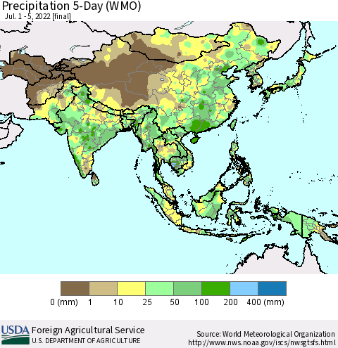 Asia Precipitation 5-Day (WMO) Thematic Map For 7/1/2022 - 7/5/2022