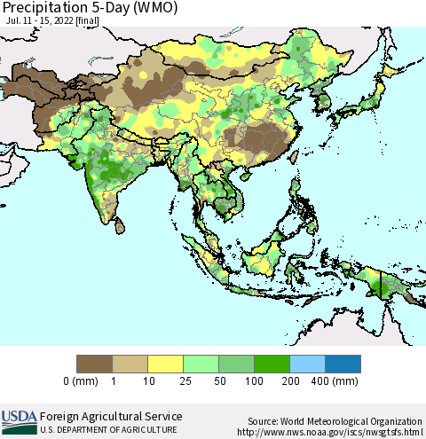Asia Precipitation 5-Day (WMO) Thematic Map For 7/11/2022 - 7/15/2022