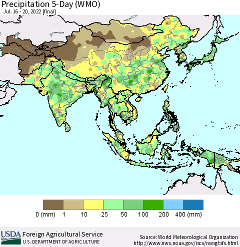 Asia Precipitation 5-Day (WMO) Thematic Map For 7/16/2022 - 7/20/2022