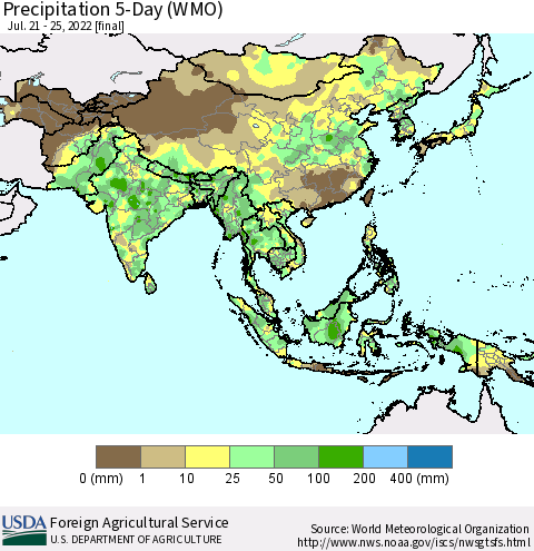 Asia Precipitation 5-Day (WMO) Thematic Map For 7/21/2022 - 7/25/2022