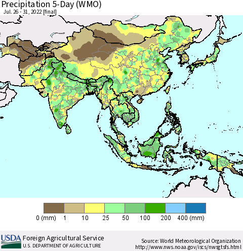 Asia Precipitation 5-Day (WMO) Thematic Map For 7/26/2022 - 7/31/2022