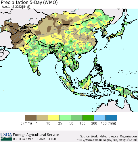 Asia Precipitation 5-Day (WMO) Thematic Map For 8/1/2022 - 8/5/2022