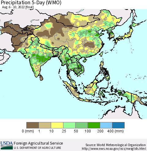Asia Precipitation 5-Day (WMO) Thematic Map For 8/6/2022 - 8/10/2022